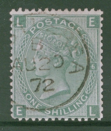 1867 1/- Green SG 117 Plate 6. E.L.  A Very Fine Used example. Cat £65