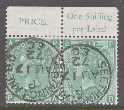 1867 1/- Green SG 117 Plate 6.  A Very Fine Used marginal Inscription pair. 