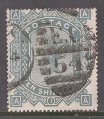 1867 10/- Greenish Grey SG 128 A.A.  A Good to Fine Used example with Deep Colour from the A row. Cat £3,000