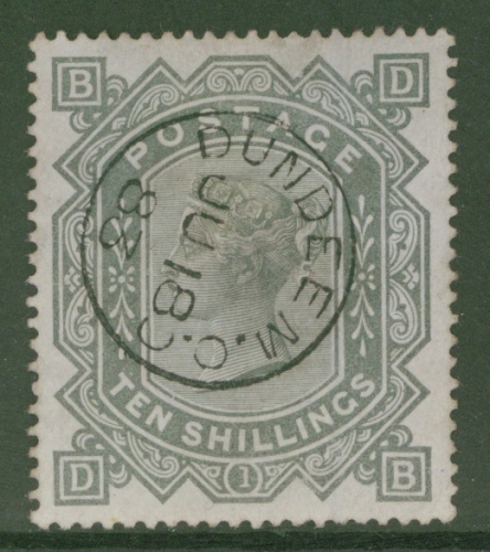 1867 10/- Greenish Grey SG 135 D.B.  A Very Fine  Used example neatly cancelled by a Dundee CDS. Cat £4000t £3,200