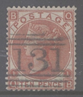 1867 10d Deep Red Brown SG 114  Lettered Q.B. A Very Fine Used example. Cat £600