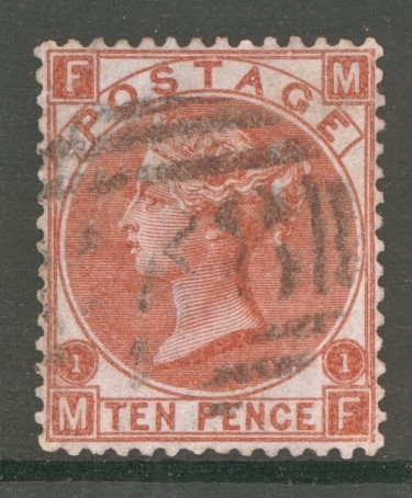 1867 10d Deep Red Brown SG 114  Lettered M.F. A Fine Used Well Centred example. Cat £600