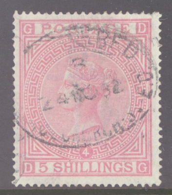 1867 5/- Rose on Blued Paper SG 130 Plate 4.  A Very Fine Used  example cancelled on 21st Nov 1882 by Registered cancel.…