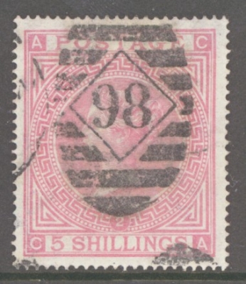  1867 5/- Rose SG 126 Plate 2  C.A. A Good - Fine Used  well centred example. Cat £1,500