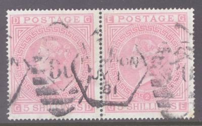 1867 5/- Pale Rose SG 127 Plate 2.  A Fine Used  pair with Good Colour. A difficult stamp in multiples. Cat £3,000examp…