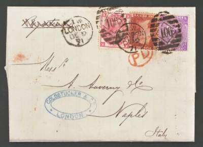 1867 3d Rose SG 103 Pl 7 + 6d Mauve SG 109 Pl 9 + 1864 1d Red Pl 141 on entire from London to Naples Italy