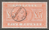 1867 £5 Orange SG 137 Lettered C.H.  A Superb Used well Centred example with Deep Colour. Cat £3,500