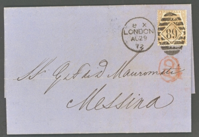 1872 6d Chesnut SG 122a Pl 11 on letter from London  to Messina Italy