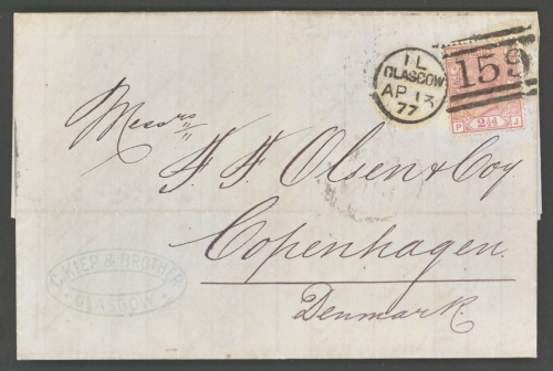 1873 2½d Rose SG 141 Plate 4 on entire from Glasgow to Copenhagen Denmark