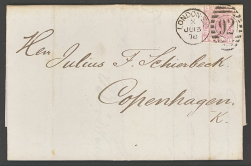 1873 2½d Rose SG 141 Plate 11 on entire from London to Copenhagen Denmark