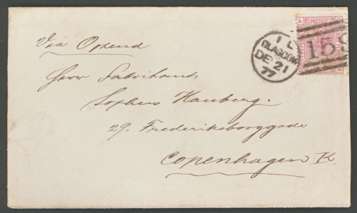 1873 2½d Rosy Mauve SG 141 Plate 8 on cover from Glasgow to Copenhagen Denmark