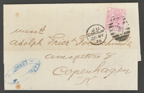 1873 2½d Rose SG 141 Plate 3 on entire from London to Copenhagen Denmark