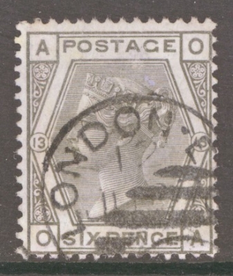 1873 6d Grey SG 147 Plate 13 Lettered O.A.  A Fine Used example. 