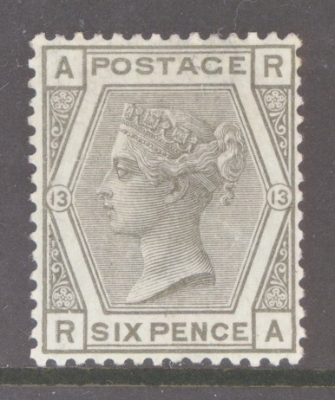 1873 6d Grey SG 147 Plate 13 Lettered R.A.  A Fresh Well Centred M/M example