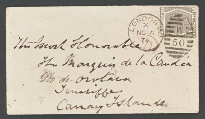 1873 6d Grey SG 147 Plate 13 on cover from London to Orotava Canary Islands