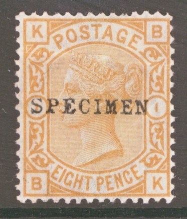 1873 8d Orange B.K. Overprinted Specimen SG 156s   A Fresh M/M example with light gum crease. Cat £350