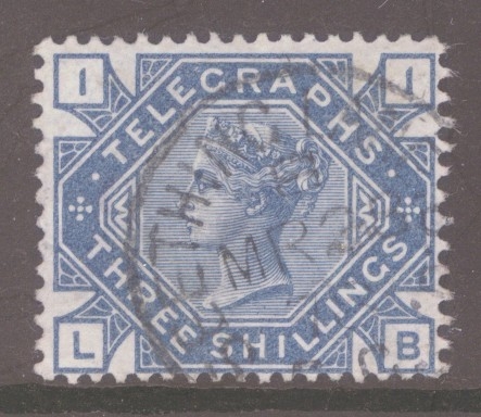 1876 Telegraph 3/- Slate Blue SG T11   L.B.  A  Very Fine Used example. Cat £80