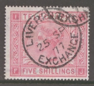 1876 5/- Rose Telegraph SG T13 Plate 1  A  Very Fine Used example. Cat £200