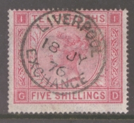 1876 5/- Rose Telegraph SG T13 Plate 1  A  Very Fine Used example. Cat £200