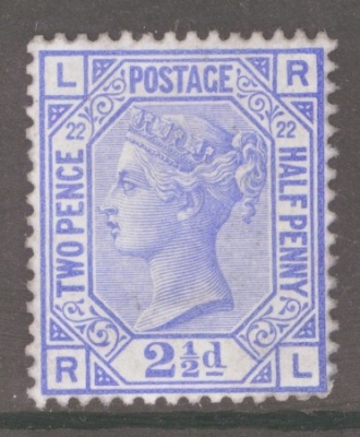 1880 2½d Blue SG 157 plate 22 Lettered R.L. A Fresh Unused example without gum. Cat £450 with gum.