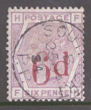 1880 6d on 6d Lilac SG 162 Lettered F.H. A Very Fine Used example. Cat £150