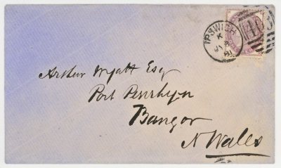 1881 1d Purple Inland Revenue SG F22 on cover from Ipswich to Bangor