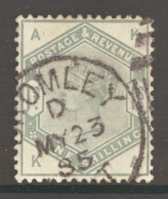 1883 1/- Green SG 196 Lettered K.A.  A Very Fine Used well centred example. Cat £325