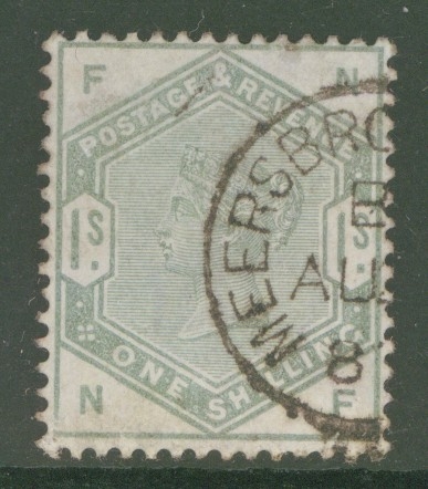 1883 1/- Green SG 196 Lettered N.F.  A Very Fine Used well centred example. Cat £325