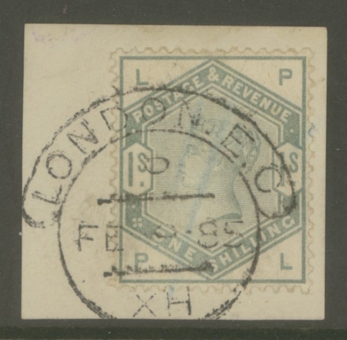 1883 1/- Green SG 196 Lettered P.L.  A Fine Used example tied to small piece with light registered pen  Cat £325