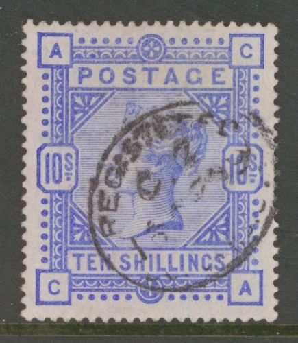 1883 10/- Ultramarine SG 183 lettered C.A.  A Fine Used example cancelled by a small Registered cancel. Cat £525