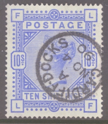 1883 10/- Ultramarine SG 183 lettered L.F.  A Very Fine Used well centred example with Deep Colour cancelled by a Cardif…