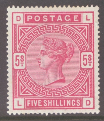 1883 5/- Crimson SG 181. L.D. An Average M/M example with good colour. Short perfs + light crease. Cat £975