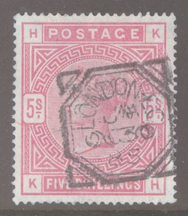 1883 5/- Rose on Blued Paper SG 176 lettered K.H. A Fine Used Well Centred example