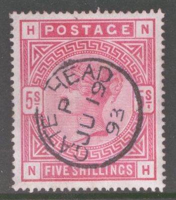 1883 5/- Rose SG 180. Lettered N.H. A Superb Used example