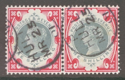 1887 1/- Green and Carmine SG 214 A Superb Used Pair with Deep Colour.