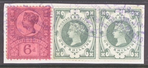 1887 Jubilee 1/- Green Pair tied to Piece SG 211  Superb