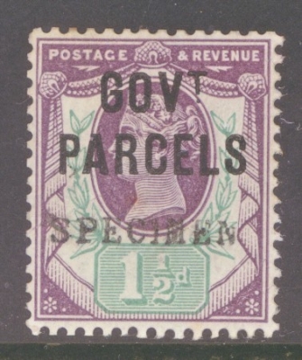 1887 Govt Parcels 1½d Dull Purple + Green overprinted Specimen SG 065c  A Good M/M example.  Cat £300