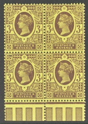 1887 3d Deep Purple on Yellow SG 203  A superb U/M block of 4 with superb colour