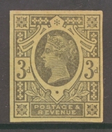 1887 3d Imperf Plate Proof in Black on Green. A Very Fine example with 4 Good margins. Cat £350