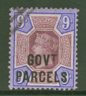 1887 Govt Parcels 9d Dull Purple + Blue SG 067   A Very Fine Used example in a Deep Shade leaving Clear Profile. Cat £120+