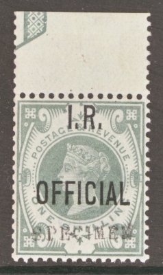 1887 I.R. Official 1/- Green Overprinted Specimen SG 015s  A Superb Fresh U/M example.