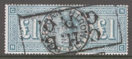 1887 £1 Green SG 212 lettered N.C.  A  Fine Used example cancelled by a Plymouth CDS + Box cancel