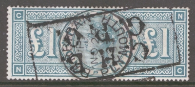 1887 £1 Green SG 212 lettered N.C.  A  Fine Used example cancelled by a Plymouth CDS + Box cancel