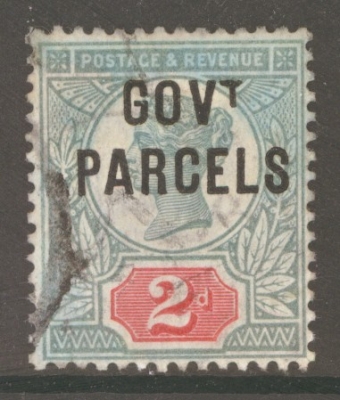 1887 Govt Parcels 2d Green + Carmine Variety No Dot Under T  SG O70a.   A Good to Fine Used example. Cat £150