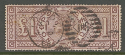 1888 £1 Brown Lilac SG 185 Lettered C.D.  A  Fine Used example with Good Colour. Repaired puncture.  Cat £3000