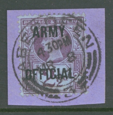 1896 Army Official 2½d Purple on Blue SG O44  A  Fine Used example tied to piece