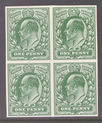 1902 1d Imperf Plate Proof in Green A Fresh Block of 4