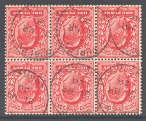 1902 1d Bright Scarlet variety Inverted Watermark SG 220wi A Superb Used Block of 6