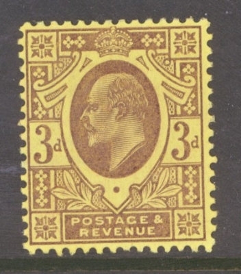 1902 3d  Dull Reddish Purple on Yellow - Lemon Back SG 233  A Superb Fresh U/M example with RPS cert. Cat £425