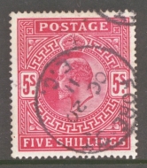 1902 5/- Deep Bright Carmine SG 264 A Very Fine Used example in a Deep Shade